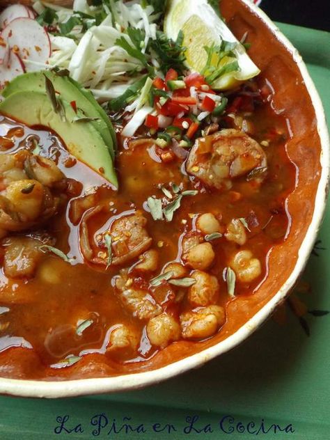 Pozole de Camaron-Shrimp Posole Shrimp Pozole Recipe, Shrimp Posole, Hominy Soup, Mexican Soups, Posole Recipe, Pozole Recipe, Mexican Soup Recipes, Chile Guajillo, Lent Recipes