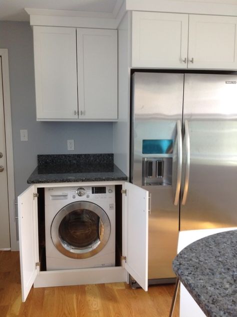 Hidden Laundry Machine in Small Space Kitchen - Transitional - Kitchen - Boston - by The Inside View | Houzz Tiny Kitchen And Laundry Combo, Hidden Laundry Machine, Small Kitchen With Washing Machine, Washer In Kitchen, Hidden Washer Dryer, Condo Layout, Transitional Basement, Marble Shower Tile, Floor To Ceiling Cabinets