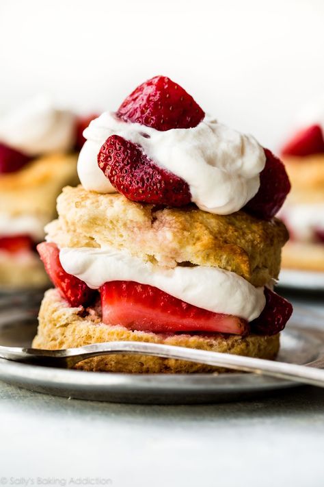 Skip the store-bought and make strawberry shortcake completely from scratch. With only a handful of basic ingredients, you can make tall fluffy sweet biscuits. Layer them with juicy strawberries and 3 ingredient fresh whipped cream for a totally unforgettable summer dessert. Recipe on sallysbakingaddiction.com Shortcake Biscuits, Homemade Strawberry Shortcake, Easy Strawberry Shortcake, Fruity Recipes, Strawberry Shortcakes, British Desserts, Short Cake, Strawberry Shortcake Recipes, Shortcake Recipe