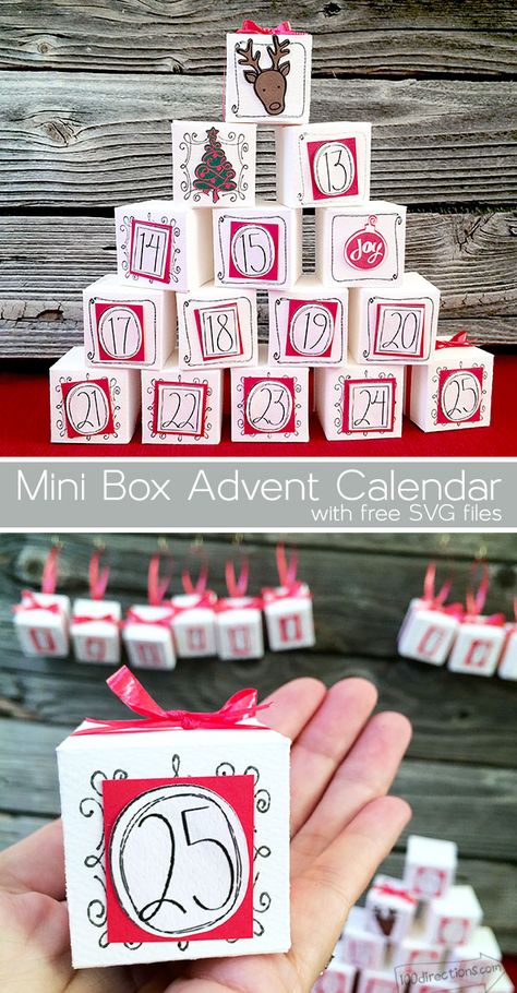 Mini Box Advent Calendar - Free SVG from Jen Goode - Make your own fun Advent calendar with mini boxes you can fill with all kinds of treats and surprises. Make Your Own Advent Calendar, Box Advent Calendar, Cool Advent Calendars, Advent Crafts, Mini Boxes, Advent Calendar Boxes, Advent Box, Christmas Gift Tags Diy, Printable Advent Calendar