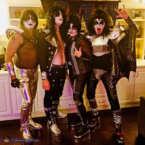 Kiss Costume Halloween, Kiss Costume Women, Kiss Group Costume, Hersey Kiss Costume, Kiss The Band Costumes Diy, Diy Gene Simmons Kiss Costume, Kiss Halloween Costumes, Kiss Group, 2017 Halloween Costumes