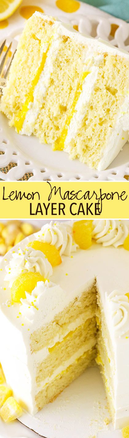 Lemon Mascarpone Layer Cake - a light lemon cake with lemon curd filling and whipped mascarpone frosting! Delicious! Whipped Mascarpone, Lemon Mascarpone, Mascarpone Cake, Moist Lemon Cake, Mascarpone Frosting, Cake Lemon, Lemon Curd Filling, Healthy Cake Recipes, Lemon Cake Recipe