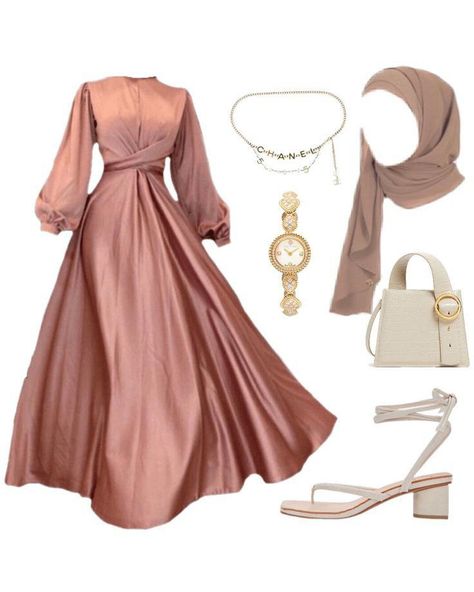 Dress Outfits Ideas Hijab, Pink Dress For Hijab, Modest Fancy Dresses, Dresses For Muslim Women, Outfit Lebaran Simple, Pink Hijab Outfit, Dress And Accessories, Estilo Hijab, Stile Hijab