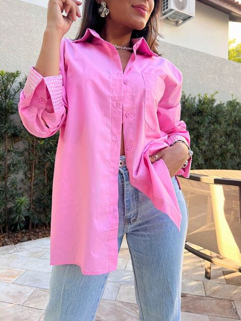 Camisa feiminina com pedrelia manga tecido tricoline Rosa chiclete elegante,Sensual,Looks para o Trabalho,Festa  Manga Comprida  Simples Camisa Elasticidade Baixa Primavera / Ver�ão Women Clothing, size features are:Bust: ,Length: ,Sleeve Length: Women Clothing, Length Sleeve, Sleeve Length