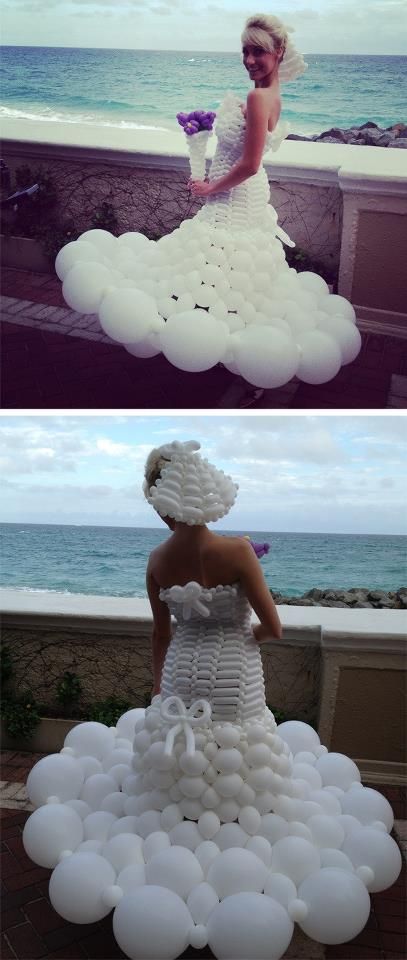 Hey brides- have you seen this?! A wedding dress made completely out if balloons! Although this is a "unique" look, you don't have to go this out of the box to make a statement on your wedding day. Castle Couture features custom designs options to turn your dream gown into reality! Ugly Wedding Dress, Wedding Dress Preservation, Balloon Dress, Gown Pattern, White Balloons, Wedding Balloons, Disney Wedding, Wedding Humor, Here Comes The Bride