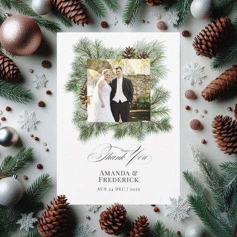 Elegant Winter Pine Christmas Wedding Photo Thank You Card Winter Wedding Photos, Elegant Winter Wedding, Wedding Charm, Elegant Typography, Photo Thank You Cards, S Photo, Thank You Messages, Holiday Wedding, Themed Wedding