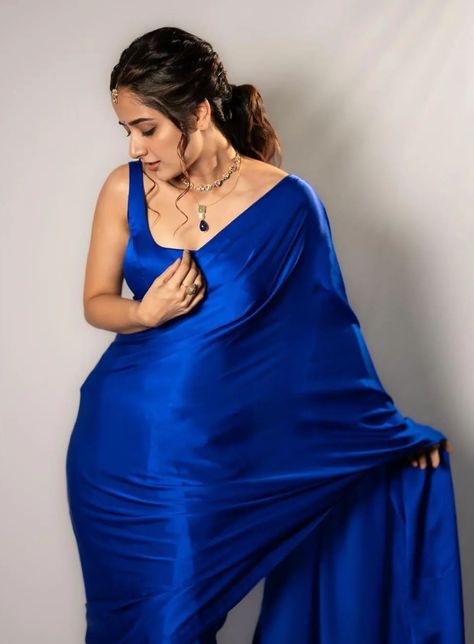 Royal Blue Photoshoot, Ashika Ranganath Saree, Royal Blue Sari, Royal Blue Long Dress, Royal Blue Saree, Ashika Ranganath, Sarees For Girls, Long Blue Dress, Blue Saree