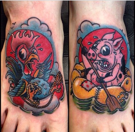 We all know the old "Sailor" tattoos of a Rooster and Pig tattooed on the feet of sailors as a good luck symbols. On the ships the livestock were kept in wooden /bamboo cages and if the ship was to go down the sailors knew these cages would "float". Sailor Jerry was famous for turning these out back during WWII.   We found these "New" style Rooster and Pig tattoos and love them. These were on our Google Feed and have tried and tried to find the artist or shop that did these but could not. American Traditional Pig Tattoo, Pig And Chicken Tattoo, Pig And Rooster Tattoo, Alaia Surfboard, Old Sailor Tattoos, Sailors Tattoo, Pig Tattoos, Nautical Tattoo Sleeve, Navy Tattoos