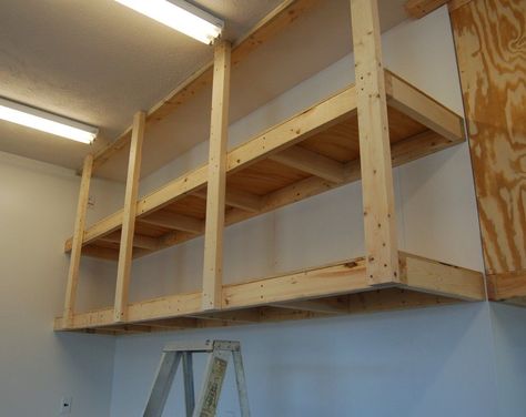 Garage Shelving Plans, Diy Overhead Garage Storage, Hanging Garage Shelves, Garage Wall Shelving, Diy Storage Shelves, Garage Shelves, Overhead Garage Storage, Overhead Garage, Garage Storage Shelves