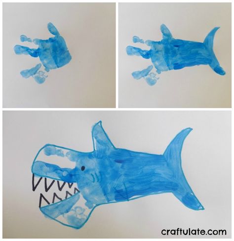 Shark Handprint Shark Footprint Craft, Shark Handprint, Toddler Shark Activities, Handprint Ocean Animals, Shark Process Art Preschool, Shark Crafts Preschool, Shark Crafts, Father's Day Painting, Rainforest Crafts