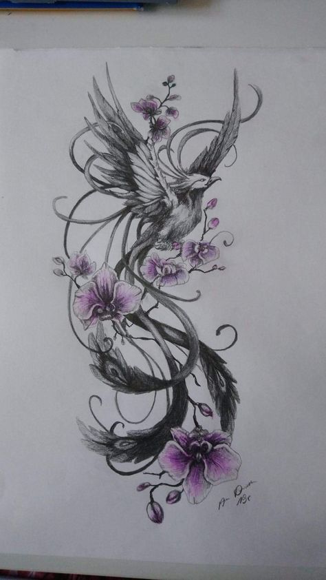 Purple Phoenix Tattoo, Mystical Tattoos For Women Sleeve, Phoenix Tattoo Leg, Mystical Tattoos For Women, Phoenix And Flower Tattoo, Phoenix Tattoo Women, Feminine Chest Tattoo, Phoenix Tattoo Sleeve, Tato Phoenix