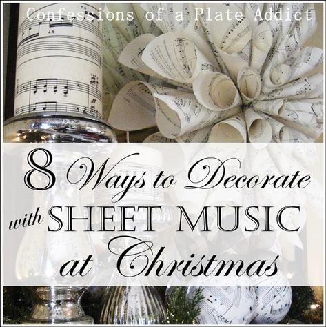 CONFESSIONS OF A PLATE ADDICT Eight Ways to Use Sheet Music at Christmas Sheet Music Ideas, Vintage Christmas Diy, Music Christmas Ornaments, Vintage Christmas Party, Music Tree, Sheet Music Crafts, Diy Crafts Vintage, Vintage Christmas Tree Decorations, Vintage Christmas Crafts