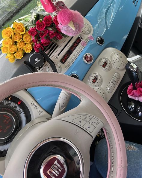 Pink Fiat 500 Aesthetic, Beige Fiat 500 Aesthetic, Fiat 500 Aesthetic Interior, Fiat 500 Aesthetic, Fiat 500 Pink, Fiat 500 Accessories, Fiat 500 Interior, Car Decorating, Making My Way Downtown