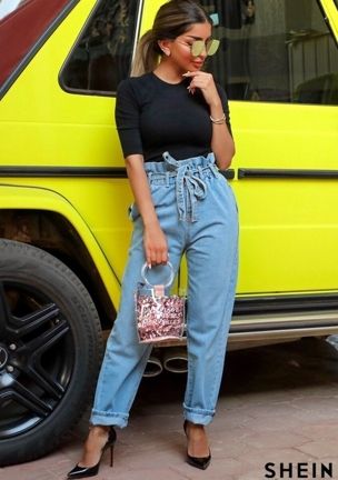 Paperbag Waist Slant Pocket Self Belted Jeans | SHEIN USA Belts For High Waisted Jeans, Tie Waist Jeans Outfit, Paperbag Waist Jeans Outfit, Baggy Paperbag Jeans Outfit, Paper Bag Jeans Outfit, Paperbag Jeans Outfit, Jean Capri Outfits, Tie Waist Jeans, Denim Pants Outfit