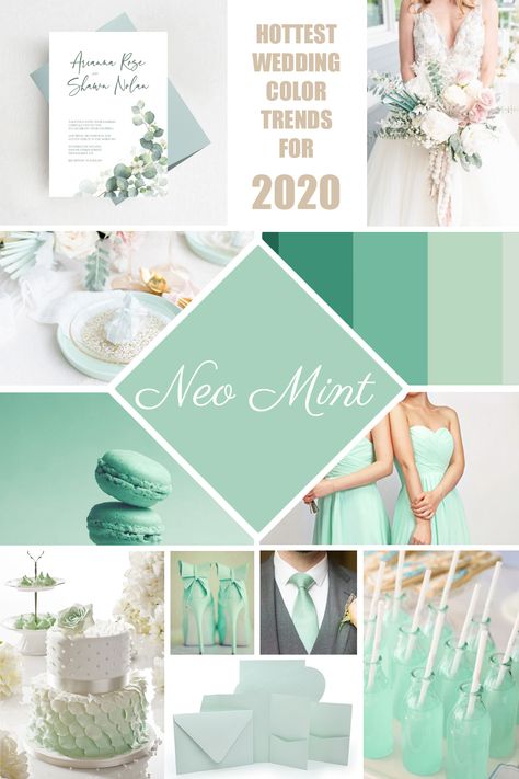 Gender-neutral neo-mint is a pastel shade of green predicted to dominate fashion and interiors in 2020. Check out our fresh & oxygenating color palette for wedding invitations, wedding cakes, bridesmaid dresses and more. #wedding #weddingideas #2020wedding #weddingtrends #weddingcolor #weddinginvitations #weddinginvitation Mint Green And Black Wedding, Burgundy And Pink Wedding, Color Palette For Wedding, Lilac Wedding Bouquet, Mint Bridesmaid, Wedding Mint Green, Wedding Color Combos, Wedding Color Trends, Stunning Bridesmaid Dresses