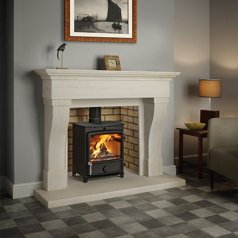 Provence in Veined Limestone, Square Edge cream brick chamber and FDC8 Eco multifuel stove Provence Fireplace, Stove Fireplace Ideas, Limestone Texture, Limestone Fireplace Surround, Fireplace Style, Stove Installation, Classic Fireplace, Freestanding Stove, Victoria House