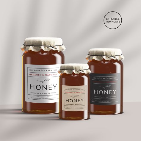 "Editable Honey Preserve/Jam Jar Label Template, Printable Honey Jar Label, DIY Jam Jar Label, Modern Honey Label Design Add the finishing touch to your Beautiful Products with these modern, customisable Honey Preserve / Jam Jar Labels. Edit the text and add logo to include your own brand name and contact info. This listing is an \"INSTANT DOWNLOAD\" that includes a high resolution, printable Jar Label Template. The minimalistic design make this Honey Preserve Jar Label a great choice for your s Jam Labels Design, Food Product Label Design Ideas, Jam Jar Labels Design, Jar Label Ideas, Honey Jar Design, Diy Jam, Preserves Labels, Label Design Template, Honey Labels