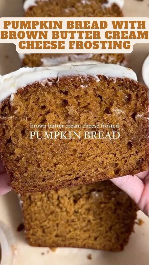 Pumpkin Bread With Brown Butter Cream Cheese Frosting – 9am Chef Amazing Christmas Desserts, Pumpkin Bread Recipe Easy, Pumpkin Bread With Cream Cheese, Brown Butter Cream Cheese Frosting, Brown Butter Cream Cheese, Bread With Cream Cheese, Valentines Recipes Desserts, Butter Cream Cheese Frosting, Brunch Bread