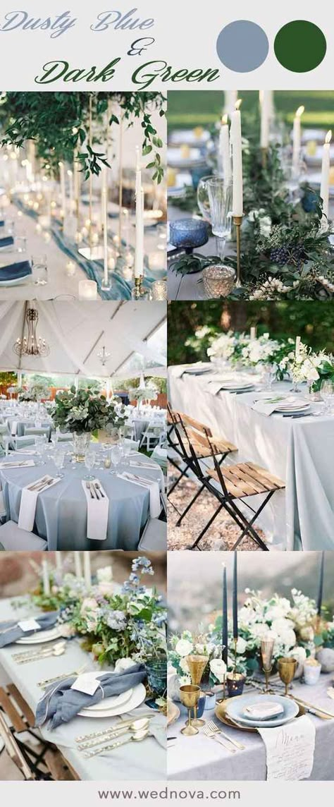 Wedding With Dusty Blue, Green Table Settings, Blue Green Wedding, Blue Themed Wedding, Blue Wedding Flowers, Sage Green Wedding, Dusty Blue Weddings, Green Table, Wedding Theme Colors