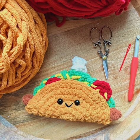 Crochet Taco, National Taco Day, Taco Day, Tie Crafts, Bernat Blanket Yarn, Crochet Food, Crochet Bookmarks, Blanket Yarn, Quilting Crafts