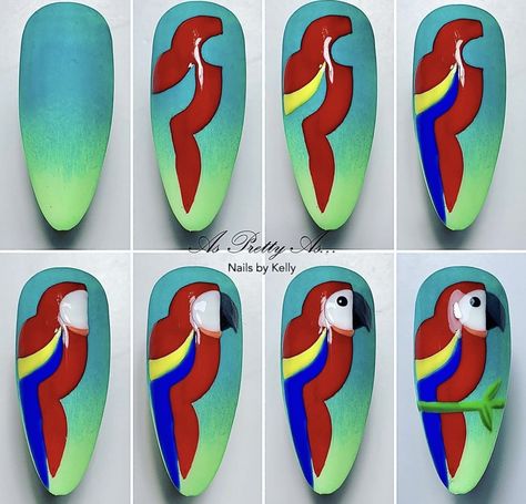 Parrot Nail Art, Parrot Nails, Bird Nail Art, Tropical Nails, Nail Drawing, Gel Nail Art Designs, Animal Nails, Unique Acrylic Nails, Nail Art Hacks