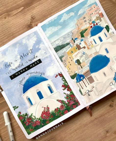 Greece Travel Journal, Place Painting, Travel Journal Cover, Bullet Journal Month, Summer Journal, Goals Bullet Journal, Bullet Journal Ideas Templates, Travel Art Journal, Creating A Bullet Journal