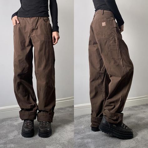 vintage brown carpenter jeans thick chocolate brown... - Depop Dark Brown Jeans Outfit Mens, Baggy Jeans Brown, Baggy Brown Denim Pants, Brown Carpenter Pants Outfit, Brown Jean Outfit, Brown Jeans Outfit Mens, Brown Clothes Aesthetic, Brown Baggy Pants, Brown Y2k Outfit