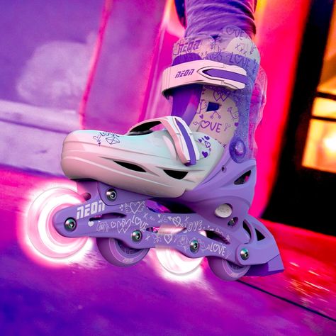 Neon Inline Skates Led Roller Blade Purple With Lite-Up Wheels Sz: Adjustable 12-2 Cushion Insole Brand New W/O Tags Never Used!!!! Neon Roller Skates, Cool Objects, Roller Blades, Inline Skates, Inline Skating, Roller Skates, Roller Skating, Skating, Color Purple