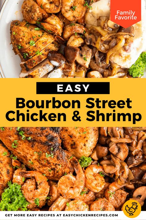 Bourbon Chicken And Shrimp Recipe, Bourbon Street Chicken And Shrimp Recipe, Parmesan Steak, Bourbon Street Chicken, Street Chicken, Shrimp Parmesan, Chicken Skillet Recipes, Shrimp Dinner, Chicken And Shrimp Recipes