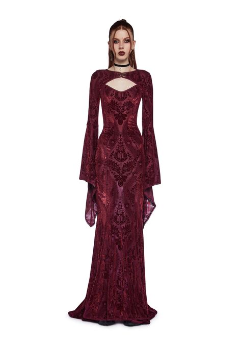 Widow Goth Velvet Flocked Maxi Dress And Shrug Set - Dark Red Labyrinth Ball, Dolls Kill Outfits, Vampire Dress, Jump Suits, Knit Duster, Altered State, Dark Red Dresses, Pride Outfit, Goth Dress