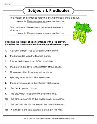 Subject and Predicate Worksheets Subject And Predicate Worksheet, Simple Subject And Predicate, Complete Subject And Predicate, Simple Predicate, Subject Predicate, Sentences Worksheet, Complete Subject, English Creative Writing, Hindi Learning