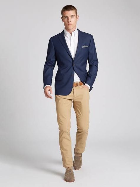 Tan Blazer Outfits Mens, Blue And Khaki Outfit, Khaki Outfit Men, Tan Blazer Outfits, Blue Blazer Outfit Men, Sport Coat Outfit, Blue Blazers, Khaki Pants Outfit, Khakis Outfit