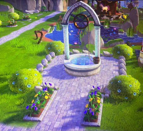 Disney Dreamlight Valley Well Ideas, Dreamlight Valley Well Ideas, Disney Dreamlight Valley Plaza Layout Ideas, Simple Fountain, Dreamland Ideas, Disney House Ideas, Disney Island, Disney Village, Stardew Valley Layout