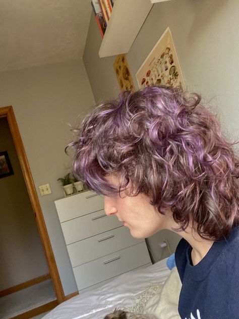 white non-binary young adult looking to the side. they have curly hair that is a mix of lavender and brown in color Brown Curly Hair With Purple Highlights, Purple Hair Curly Short, Brown And Lilac Hair, Curly Hair With Purple Highlights, Lavender And Brown Hair, Curly Hair Purple Highlights, Purple Highlights Light Brown Hair, Light Purple Curly Hair, Lilac Curly Hair