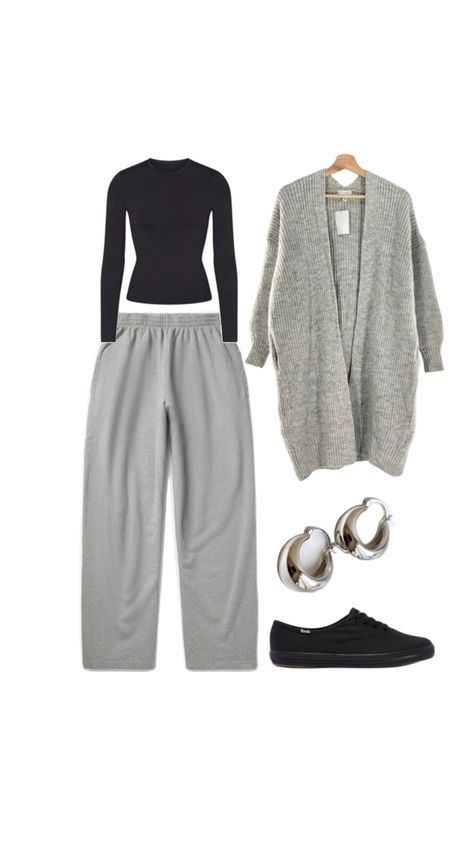 Black Skims Long Sleeved Top Grey Oversized Sweatpants Black Slip On Sneakers Silver Earrings Maxi Grey Cardigan Outfit Grey Cardigan Outfit, Outfits With Grey Cardigan, Oversized Sweatpants, Black Slip On Sneakers, Sweatpants Black, Cardigan Outfit, College Fits, Black Slip On, Cardigan Outfits