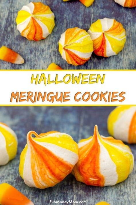 Halloween Cookies - These candy corn inspired meringue cookies are the perfect Halloween food for your next party! It's a tasty fall recipe that makes a fun sweet treat. #halloween #candycorn #halloweencookies #candycorncookies #sweets #desserts #cookies #halloweenparty #meringuecookies #meringues via @funmoneymom Halloween Meringue, Work Treats, Candy Corn Cookies, Halloween Cookie Recipes, Cookies Halloween, Pretty Candy, Desserts Cookies, Halloween Cookies Decorated, Comfort Desserts