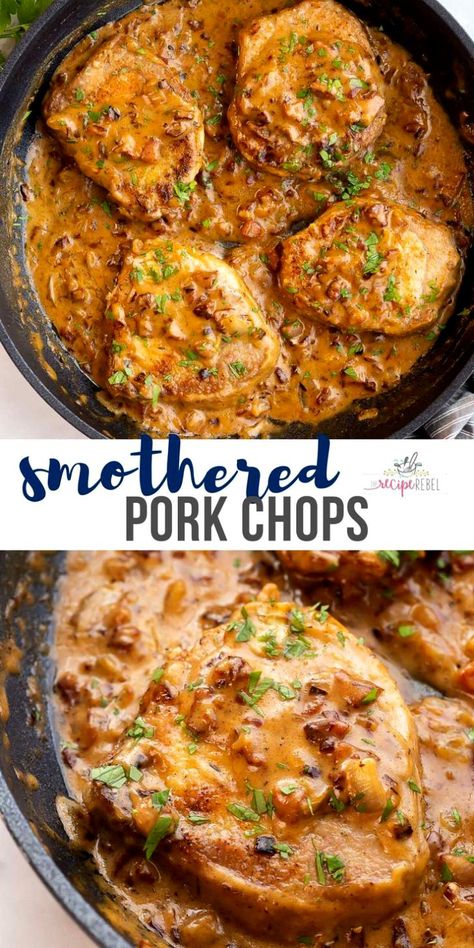 Smothered Pork Chops Recipe, Bacon Gravy, Boneless Pork Chop Recipes, Smothered Pork, Easy Pork Chops, Easy Pork Chop Recipes, Pork Chop Recipes Baked, Pork Chop Dinner, Smothered Pork Chops