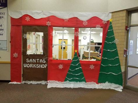 Santa Door Decoration For School, Santa Shop Ideas School, Santas Workshop Hallway Decorations, Santas Workshop Cubicle, Santas Mailroom Decorations, Santas Workshop Bulletin Board Ideas, Santa’s Workshop Decorations Classroom, Santa’s Workshop School Decorations, Santas Work Shop Door Decoration