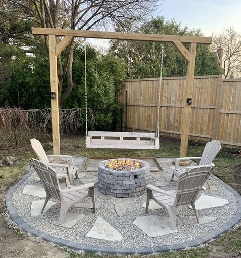 46 Easy DIY Fire Pit Ideas Backyard Landscaping on a Budget to Spend a Cozy Summer Night with Friends - Hike n Dip Outdoor Fire Pit Area, Fire Pit Swings, Backyard Seating Area, Backyard Swings, Backyard Fireplace, Backyard Seating, Fire Pit Ideas, Fire Pit Area, Diy Fire Pit