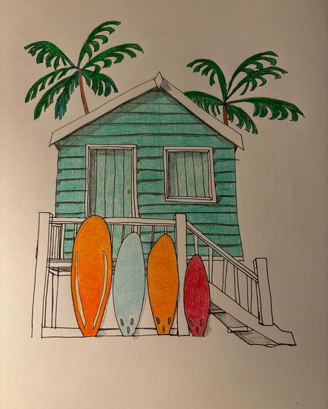 How do I turn this into a real place? #ink #coloredpencils #art #surf Beach House Drawing, Surf Board Drawing, Surf Sketch, Board Drawing, Scrapbook Photos, Surf Vibes, Surf Shack, Surf Board, House Drawing