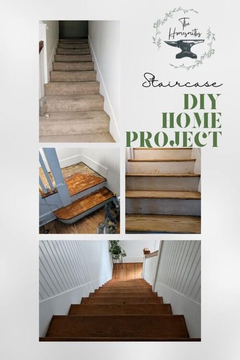 Refinishing Stairs: A step by step process How To Refinish Stairs, Refinishing Stairs, Refinish Stairs, White Stairs, How To Remove Glue, Removing Carpet, Diy Staircase, Stairs Makeover, White Guy