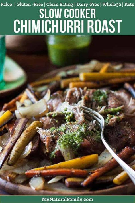 This Paleo pork roast slow cooker recipe has the best chimichurri sauce ever. Who know that blended lemon, basil, garlic and olive oil could taste so good and be so healthy too? {Whole30, Clean Eating, Gluten-Free, Dairy-Free} Paleo Pork Roast, Pork Roast Slow Cooker, Best Chimichurri Sauce, Endo Recipes, Paleo Pot Roast, Roast Slow Cooker, Paleo Crockpot Recipes, Slow Cooker Pork Roast, Paleo Pork