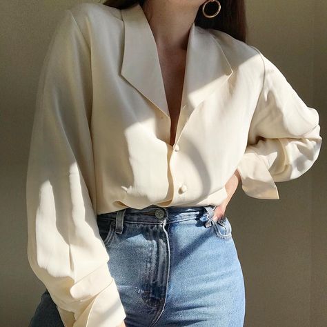 LUNARES on Instagram: “Vintage cream 100% silk button up blouse. Best fits a s-l, depending on desired fit (bust: 40”, length: 26”). $38 + shipping. Ships…” Cream Silk Shirt Outfit, Cream Button Up, Cream Button Up Shirt Outfits, Cream Blouse Outfit, Silk Button Up Outfit, Button Blouse Outfit, Silk Blouse Outfit, Silk Shirt Outfit, 2024 Fits