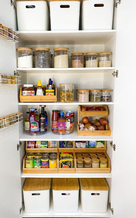 Food Cubbard Organization, Food Cupboard Storage Ideas, Larder Cupboard Organisation, Pantry Organization Drawer, Pantry Organization Deep Shelves, Food Cupboard Organization, Pantry Floor Storage Ideas, Organised Cupboard, Organise Kitchen Cupboards