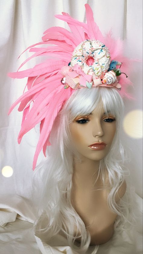 Pink Whimsical Costume Hats For Carnival, Candy Headpiece, Pink Carnival Headpieces, Whimsical Carnival Crown Headpiece, Pink Pom Pom Rave Wig, Pink Head, Belly Painting, Burning Man Outfits, Pink Wig