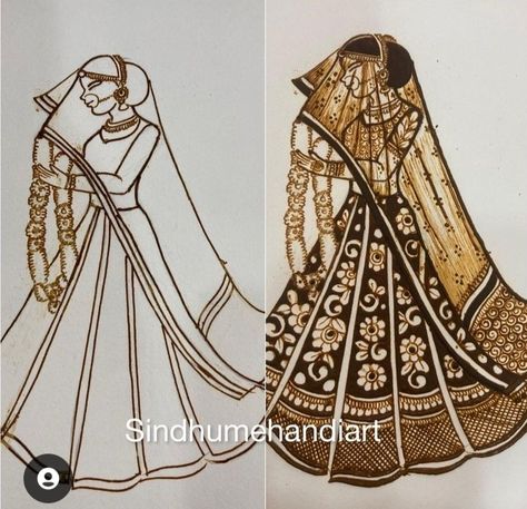 How To Draw Dulhan In Mehndi, Bride Groom Mehandi Design, Full Bride Figure Mehndi, Bride Figures In Mehndi, Bride Groom Figure Mehandi, Bridal Face Mehendi Design, Bridal Figure Mehndi Designs, Indian Bride Drawing, Mehndi Figures