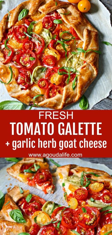 Tomato Galette ~ sweet summer tomatoes baked with tangy goat cheese and fresh herbs wrapped in a buttery, flaky crust. Use store bought or homemade dough. #galette #tomatoes #tomatogalette #easysummerrecipes #easyrecipes #tomatopie Goat Cheese Galette, Cheese Galette, Buttery Flaky Pie Crust, Tomato Galette, Goat Cheese Tart, Galette Recipe, Baked Tomatoes, Tomato Tart, Tomato Pie