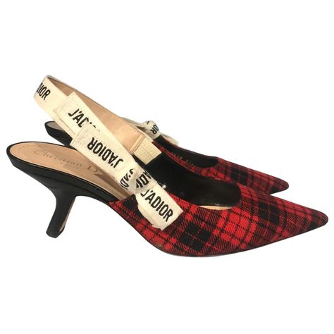 Dior Brand, Ribbon Flats, Embroidered Ribbon, Christian Dior Fashion, Tartan Fabric, Fabric Shoes, Bow Flats, Red Tartan, Classic Pumps