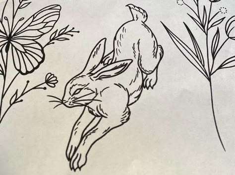 Rabbit Line Art Tattoo, Fox Flash Tattoo, Leaping Bunny Tattoo, Jackalope Tattoo Traditional, Jackrabbit Tattoo, American Traditional Rabbit, Jack Rabbit Tattoo, Rabbit Linocut, Traditional Tattoo Rabbit