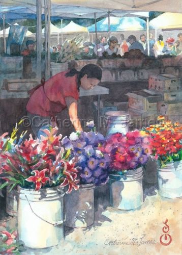 Flower Market Watercolor, Flower Market Illustration, Bucket Of Flowers, Myanmar Art, Floral Watercolor Paintings, Artist Website, Watercolor Flowers Paintings, Art Community, St James